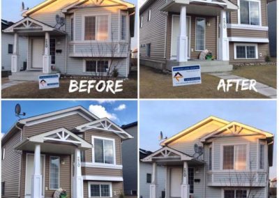 Before and after photo collage of a local Calgary siding replacement project