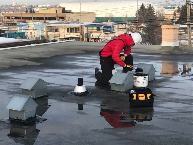 Photo of our roofer applying a fresh coat of tar to a flat tar roof in Calgary