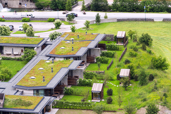 Drone camera photo of a row of green, living roofs using the EDPM roofing system