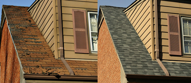 Before and after photo of a repaired roof